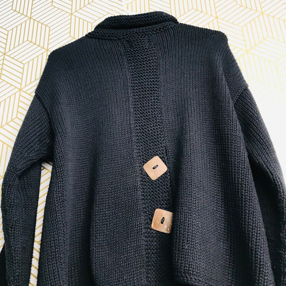 Pure Womens Handknit Cardigan Sweater Sz M/L Black 100% Cotton Chunky Buttons - Picture 5 of 7